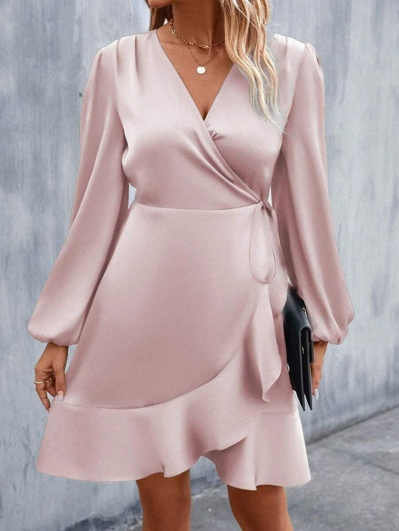 V Neck Dress Satin Waist Tight Low Cut Midi Dress Sweet Clothing