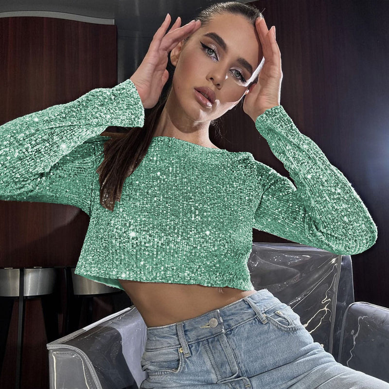 Spring Autumn Popular Long Sleeve Blouse Long Skirt Sequined Set