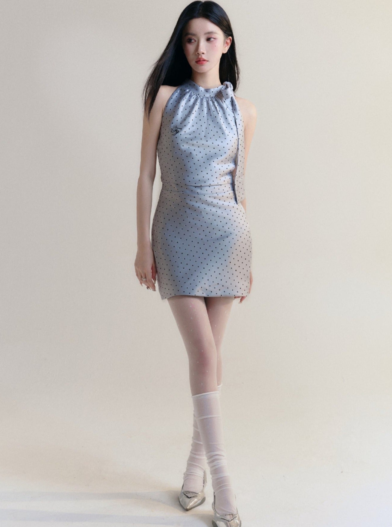 Polka Dot Halter Neck Mini Dress in Light Blue