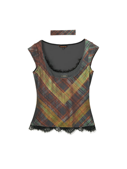 Of Akiva -inspired Plaid Camisole Top - Sleeveless Scoop Neck Blouse With Lace Trim and Matching Choker