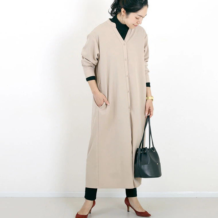 Autumn Winter Shirt Base Dress Color Loose V Neck Maxi Dress
