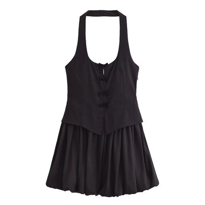 Series Backless Hanging Collar Round Neck Short Puffy Mini Dress
