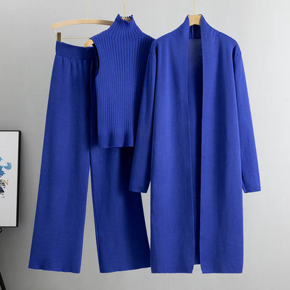 Spring Loose Knitting Suit Long Shawl Cardigan Turtleneck Vest Wide Leg Pants Three Piece Set