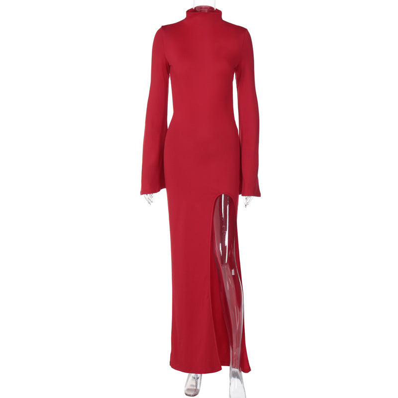 Spring Bell Sleeve Backless Slit Maxi Dress Slim Fit Dress