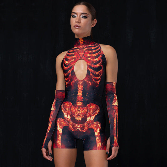 Halloween Skull Skeleton Printing Stylish Sleeveless Jumpsuit Shorts Cuff
