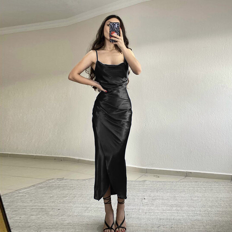 Low Cut Satin Split Sling Dress Slim Backless Maxi Dress