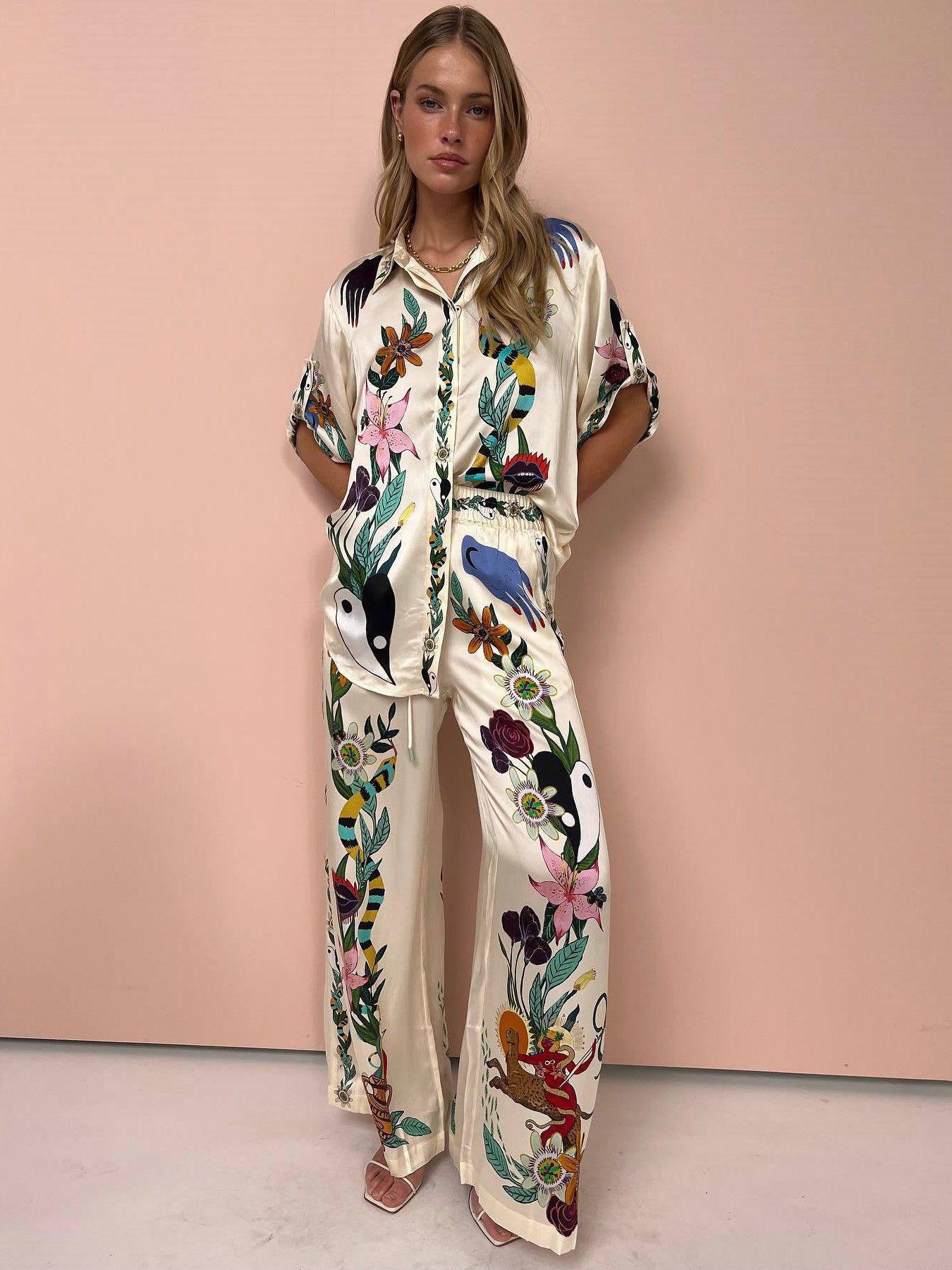 Graffiti Print Satin Short Sleeve Shirt & Pant Coord Set