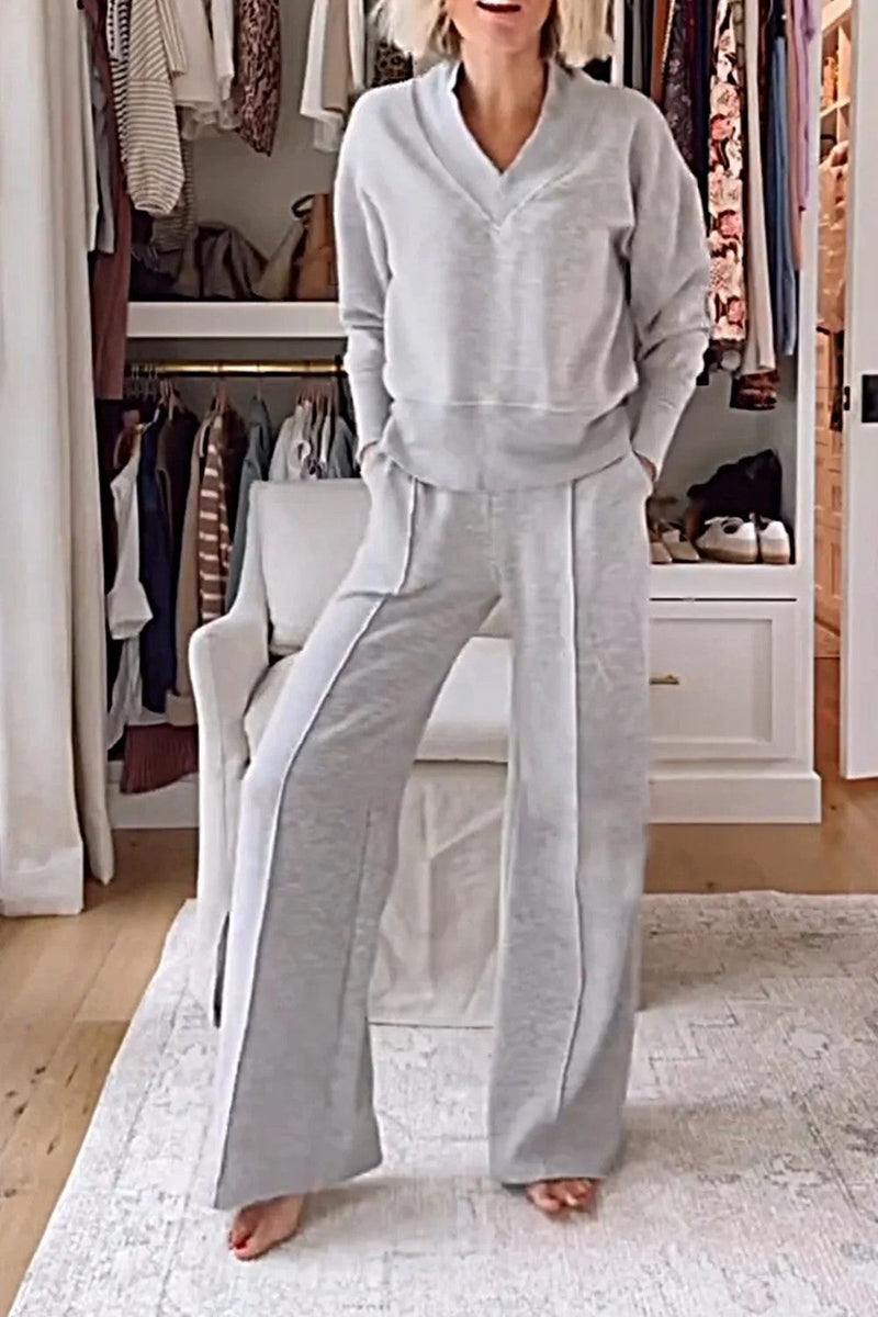 Autumn V Neck Long Sleeve Loose Top Wide Leg Pants Two Piece Set