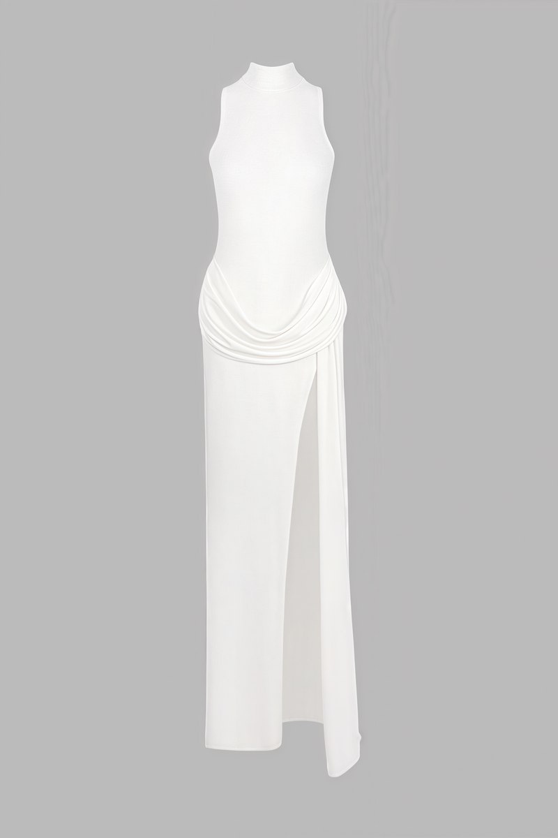 Jacinda White Backless Pleated Slit Maxi Dress