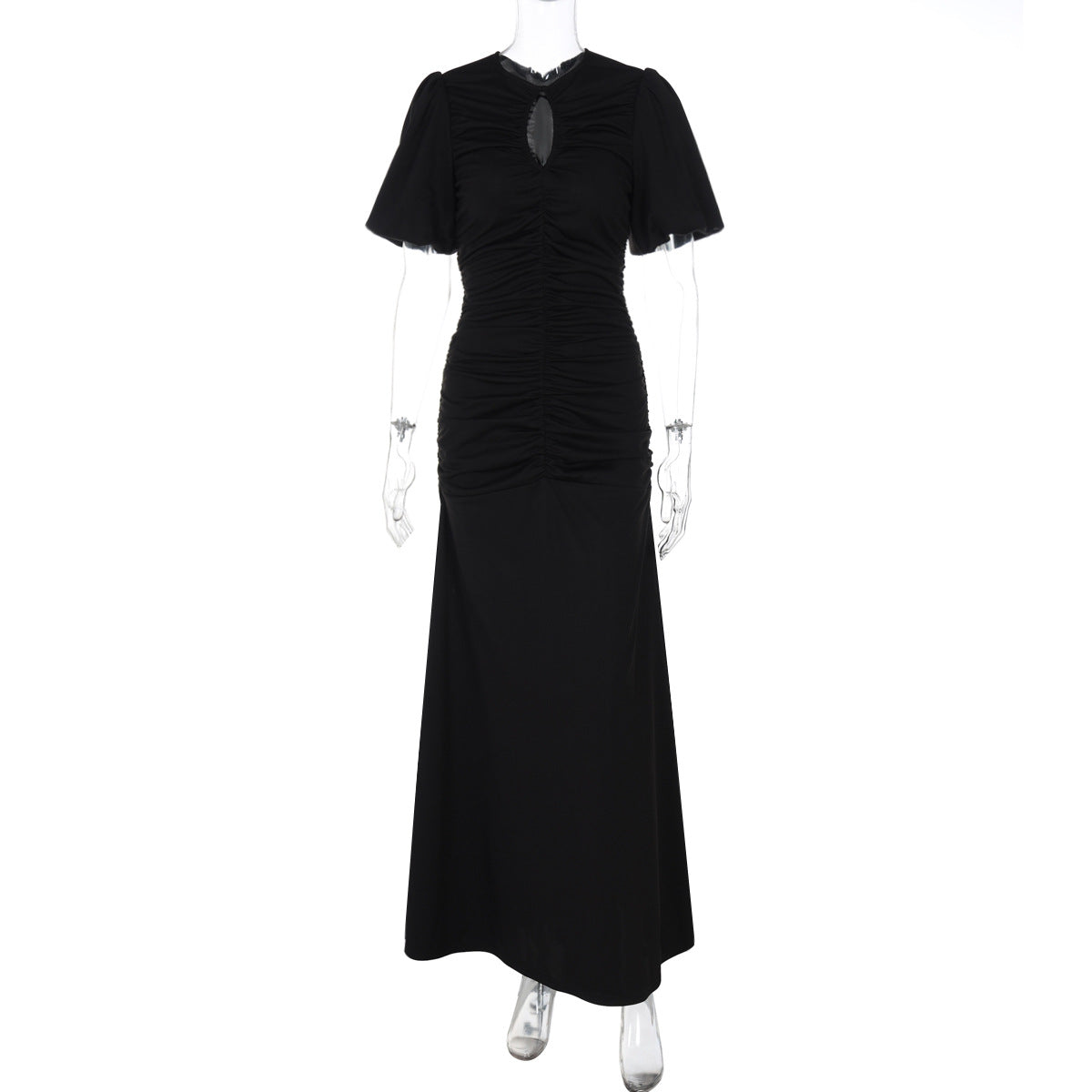 Clothing Summer French Round Neck Short Sleeve Pleated Waist Tight Slimming Maxi Dress