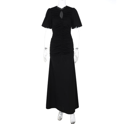 Clothing Summer French Round Neck Short Sleeve Pleated Waist Tight Slimming Maxi Dress