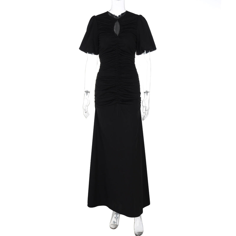 Clothing Summer French Round Neck Short Sleeve Pleated Waist Tight Slimming Maxi Dress