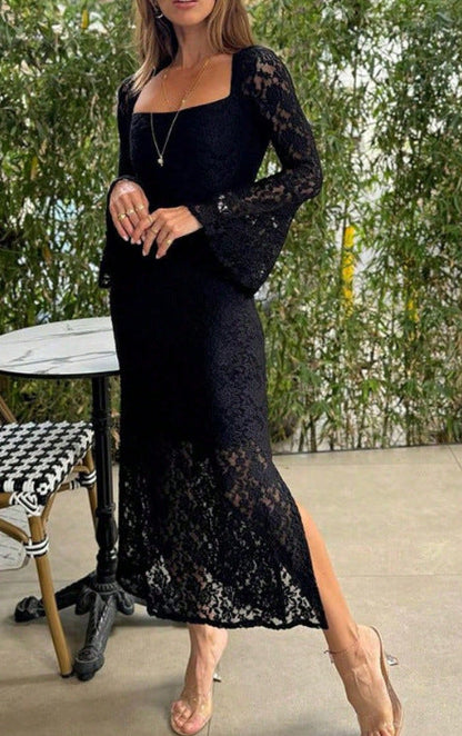 Spring Summer Autumn Lace Stitching Square Collar Bell Sleeve Maxi Dress