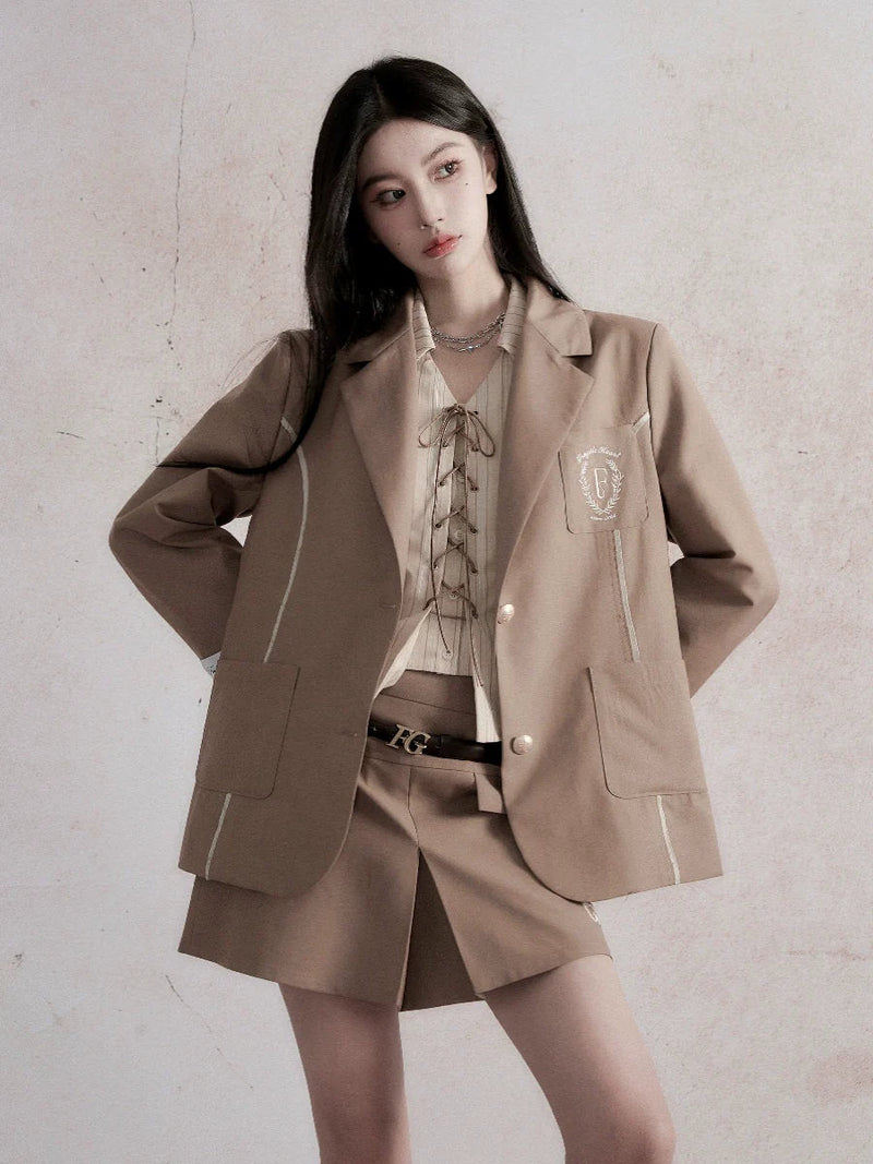 Fragile Heart Preppy Ensemble: Olive Mini Skort, Cream Lace-up Blouse, and Tailored Khaki Blazer Set