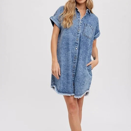 Spring Summer Loose Cardigan Denim Short Sleeve Dress