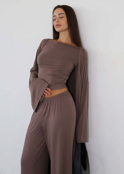Sienna Three-piece Lounge Set – Flowy Pants, Fitted Top & Drape Cardigan