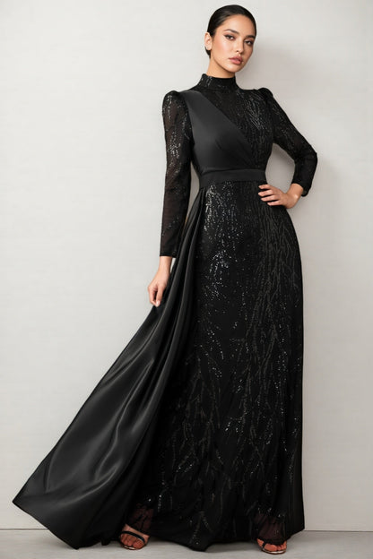 Moto Sequin Satin Long-sleeved Maxi Dress