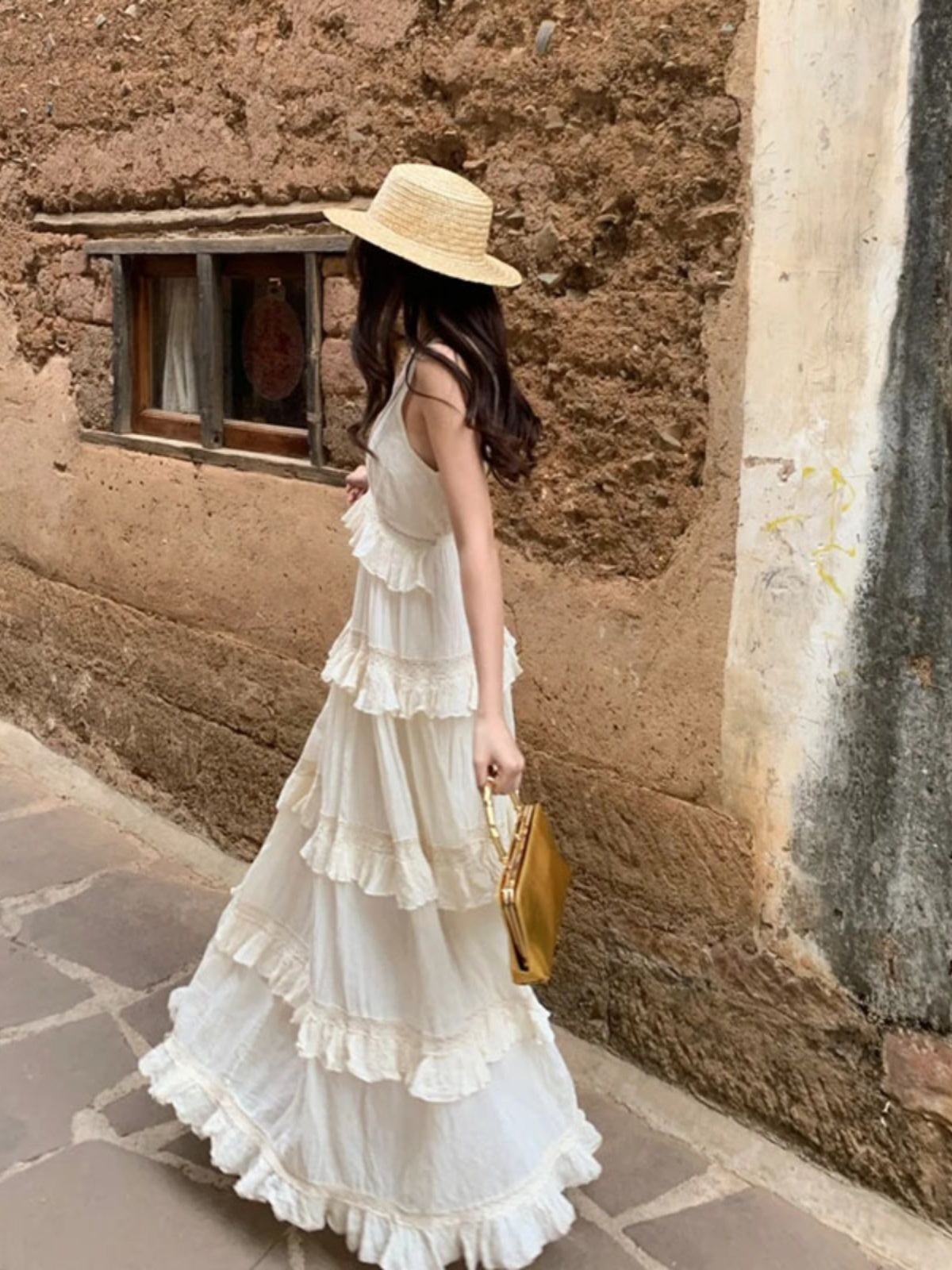 French Soft Ruffle Tiered Maxi Dress Cotton Linen Vacation Gown for Summer Gunne Sax Dress