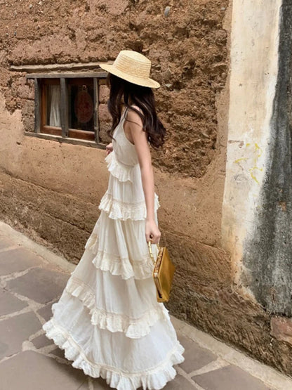 French Soft Ruffle Tiered Maxi Dress Cotton Linen Vacation Gown for Summer Gunne Sax Dress