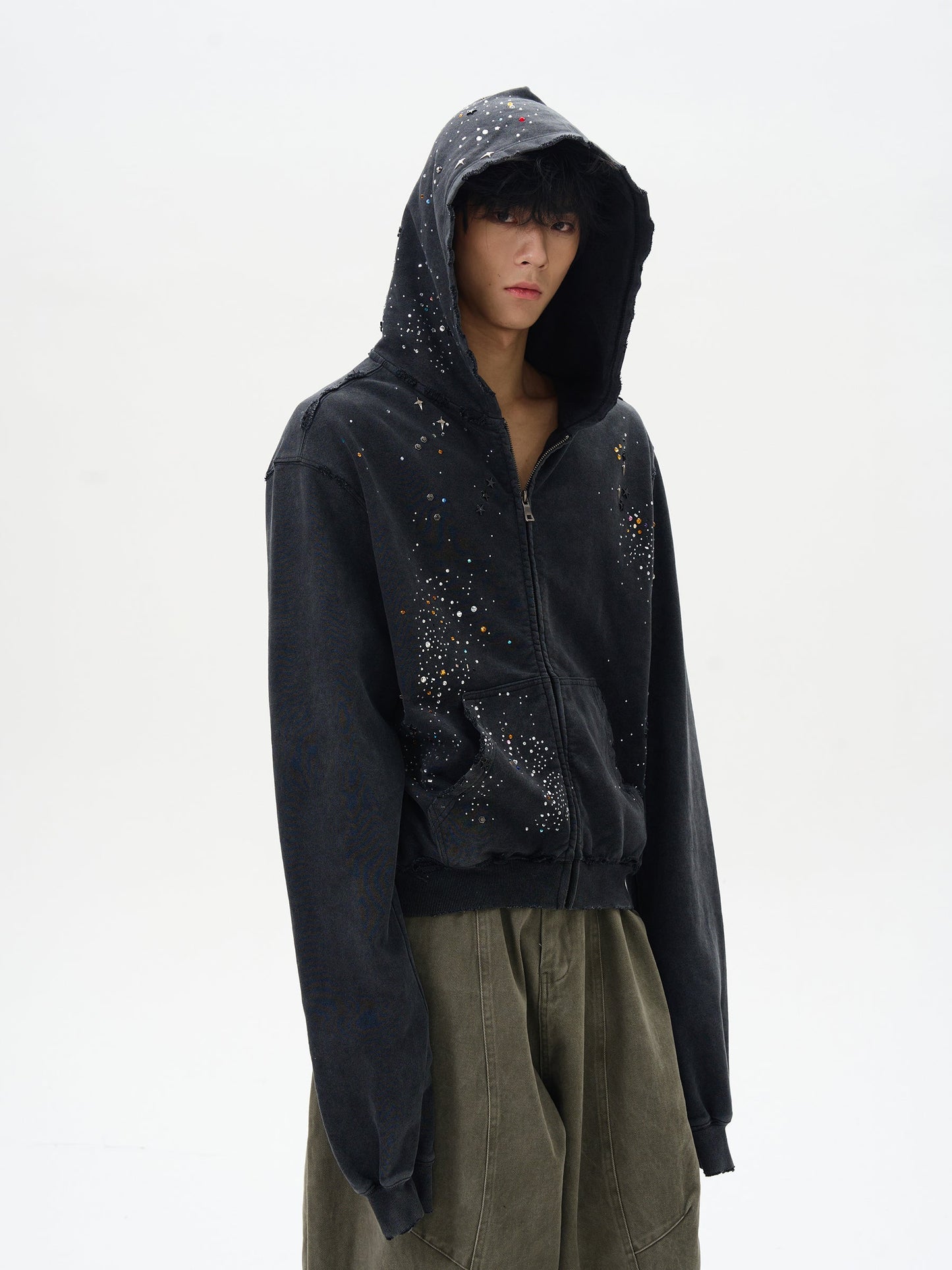 Black Distressed Zip-up Hooded Sweatshirt