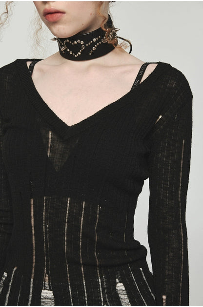 Hollow-out V-neck Thin Cardigan With Distressed Waist Knit Top