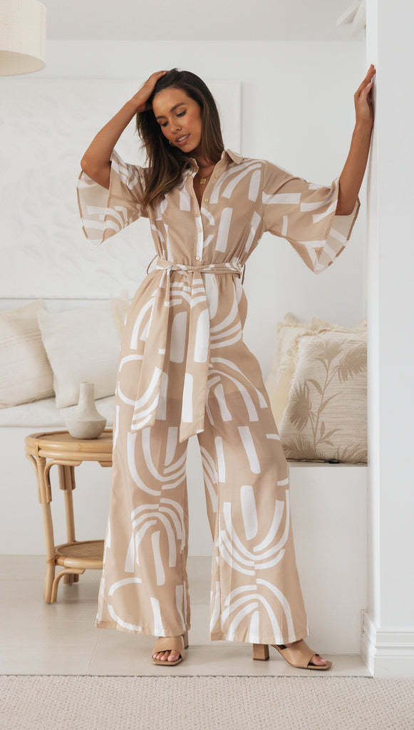 Printing Collared Five Quarter Sleeve Belt Long Jumpsuit