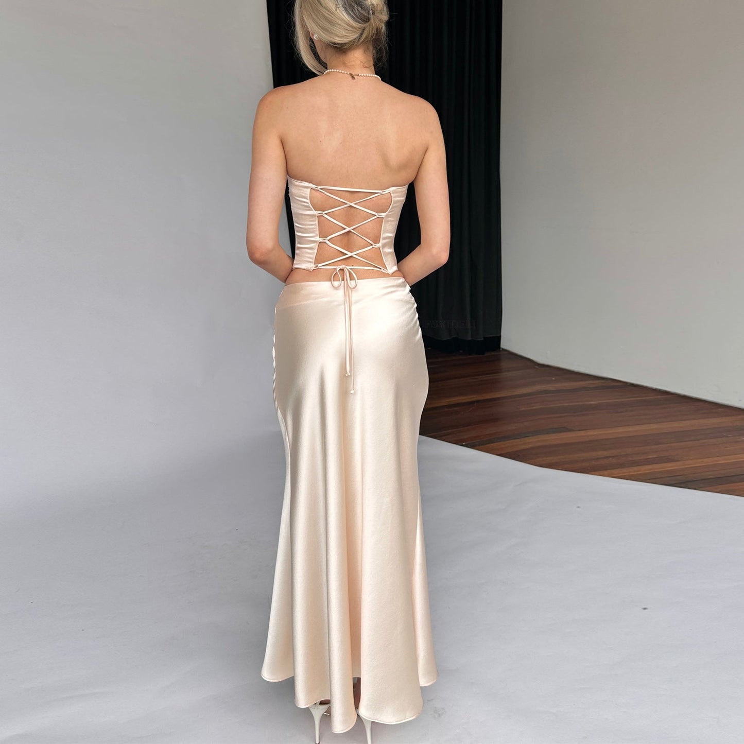 Summer Satin Maxi Dress Tube Top Color Backless Lace Up Skirt Set