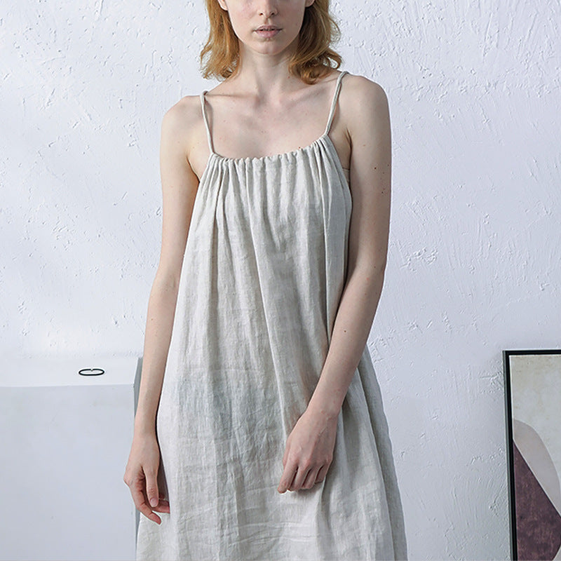 Summer Linen Cami Dress Halter Strap Reverse Cotton Linen Niche Design Maxi Dress Clothing