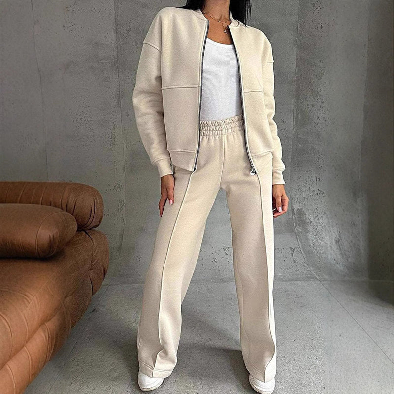 Autumn Winter Zipper Jacket Wide Leg Pants Two Piece Set
