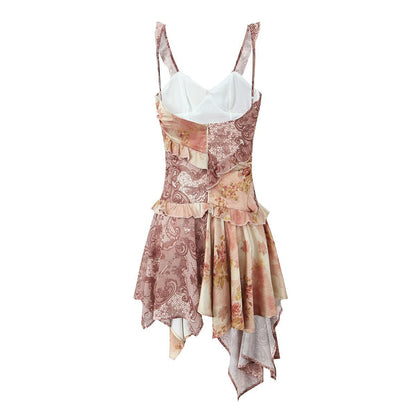 Print Asymmetrical Hem Mini Dress Spaghetti Strap Bodycon