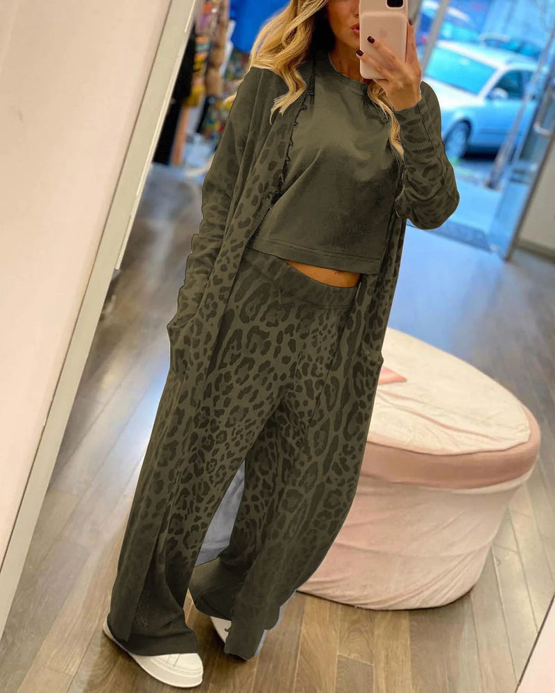 Spring Leopard Print Long Sleeve Cardigan Trousers Suit Two Piece Set for