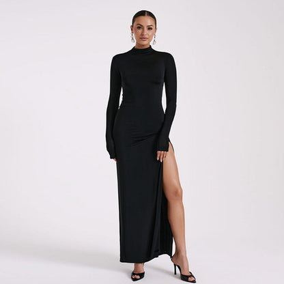 Spring Long Sleeve High Neck Backless Slit Maxi Dress Dress