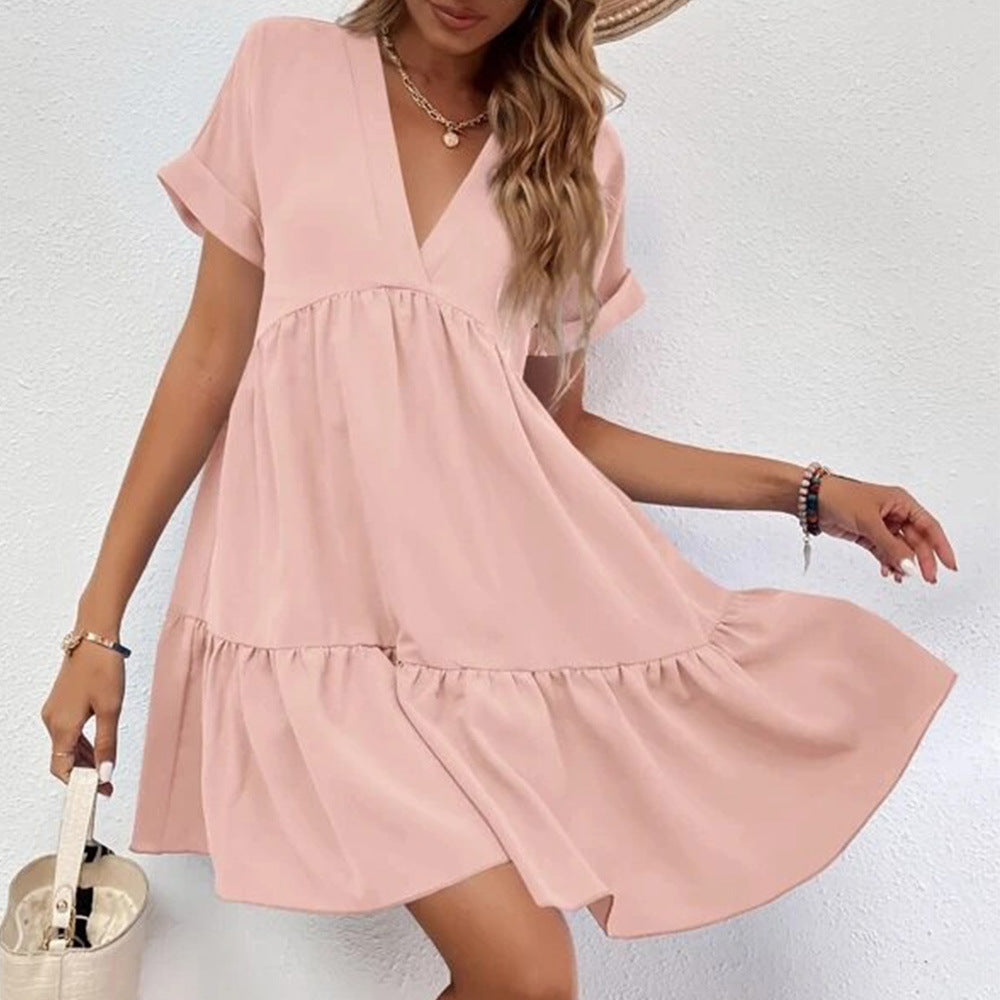 Color Loose Waist Midi Dress V Neck Dress for