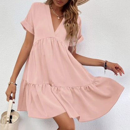 Color Loose Waist Midi Dress V Neck Dress for