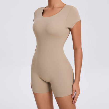 Backless Peach Hip Skinny Yoga Clothes Dance Sports Workout Clothes Hip Lift Belly Shaping Short Sleeve Yoga Jumpsuit