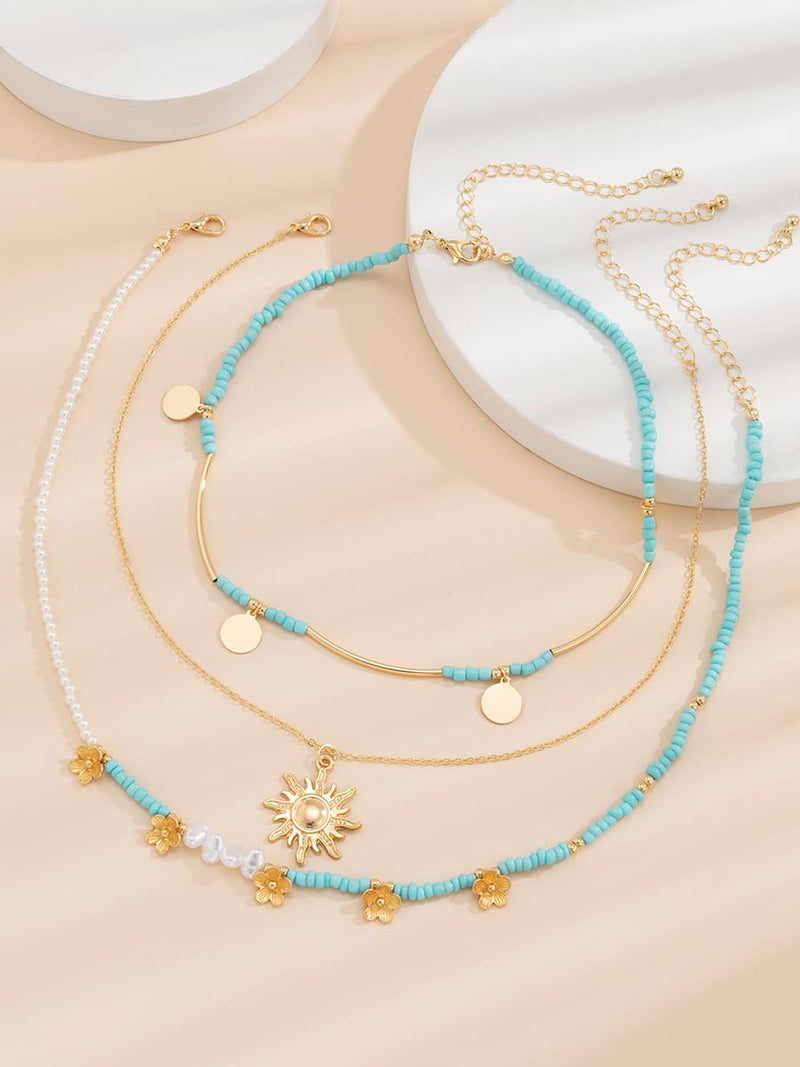 3pcs Sun & Faux Pearl Beaded Necklace