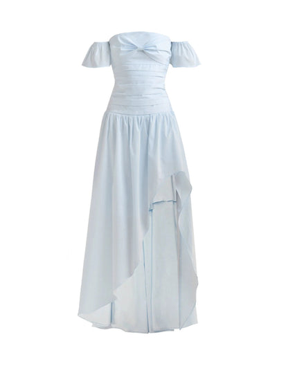 Pale Blue Off-shoulder Ruched Maxi Dress With Asymmetrical Hem