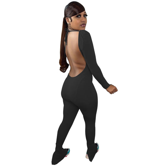 Backless Neck Trousers Color High Elastic Fabric Sports Yoga Jumpsuit