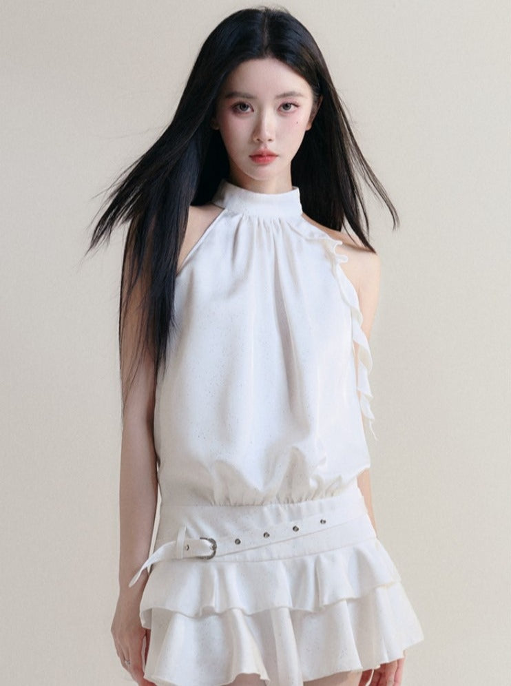Fragile Heart White Halter Neck Ruffle Mini Dress With Belted Waist