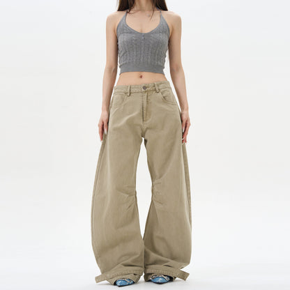 Khaki High-waist Wide-leg Canvas Pants