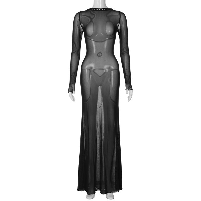 Autumn Clothing Mesh Backless Lace Up Long Sleeve Super Maxi Dress for