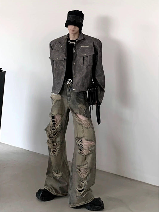 Heavily Distressed Wide-leg Cargo Pants