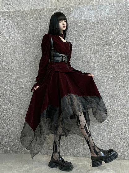 Ladyghost Gothic Victorian Maxi Dress - Burgundy Velvet and Black Mesh Layered Gown With Corset Belt