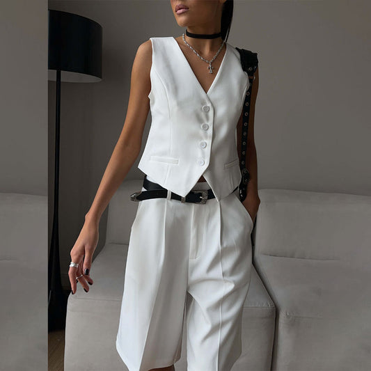 Vest Jacket Spring Summer V Neck Single Breasted Vest Straight Shorts Set