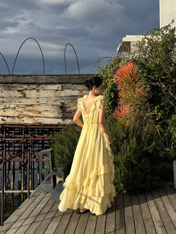 Sunset Ruffle Asymmetrical Maxi Dress Romantic Flowy Vacation Look Gunne Sax Dress