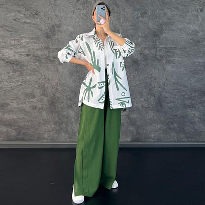 Clothing Long Sleeve Printed Shirt High Waist Slit Wide Leg Pants Set Amplified Craft