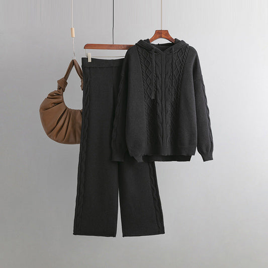 Autumn Winter Suit Hoodie With Drawstrings Loose Sweater Draping Wide Leg Trousers Twist Two Piece Suit