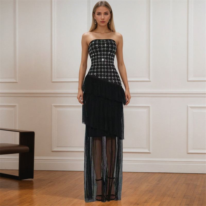 Special Interest Design Rhinestone Tube Top Bandage Dress Mesh Stitching Maxi Dress Party Dress