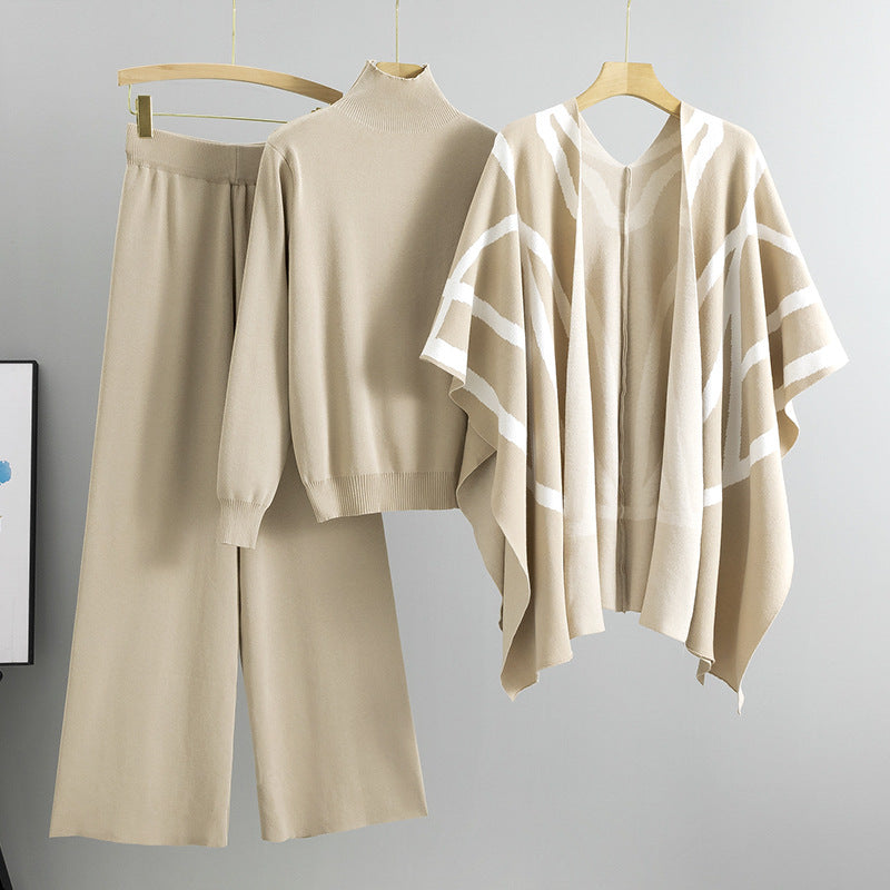 Apricot – Knit Sweater Shawl Three Piece Set