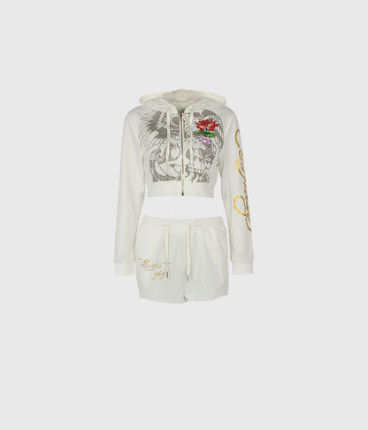 Brand Street Skull Heart Printing Basic Zipper Short Cardigan High Waist Straight Leg Pants Two Piece Sets
